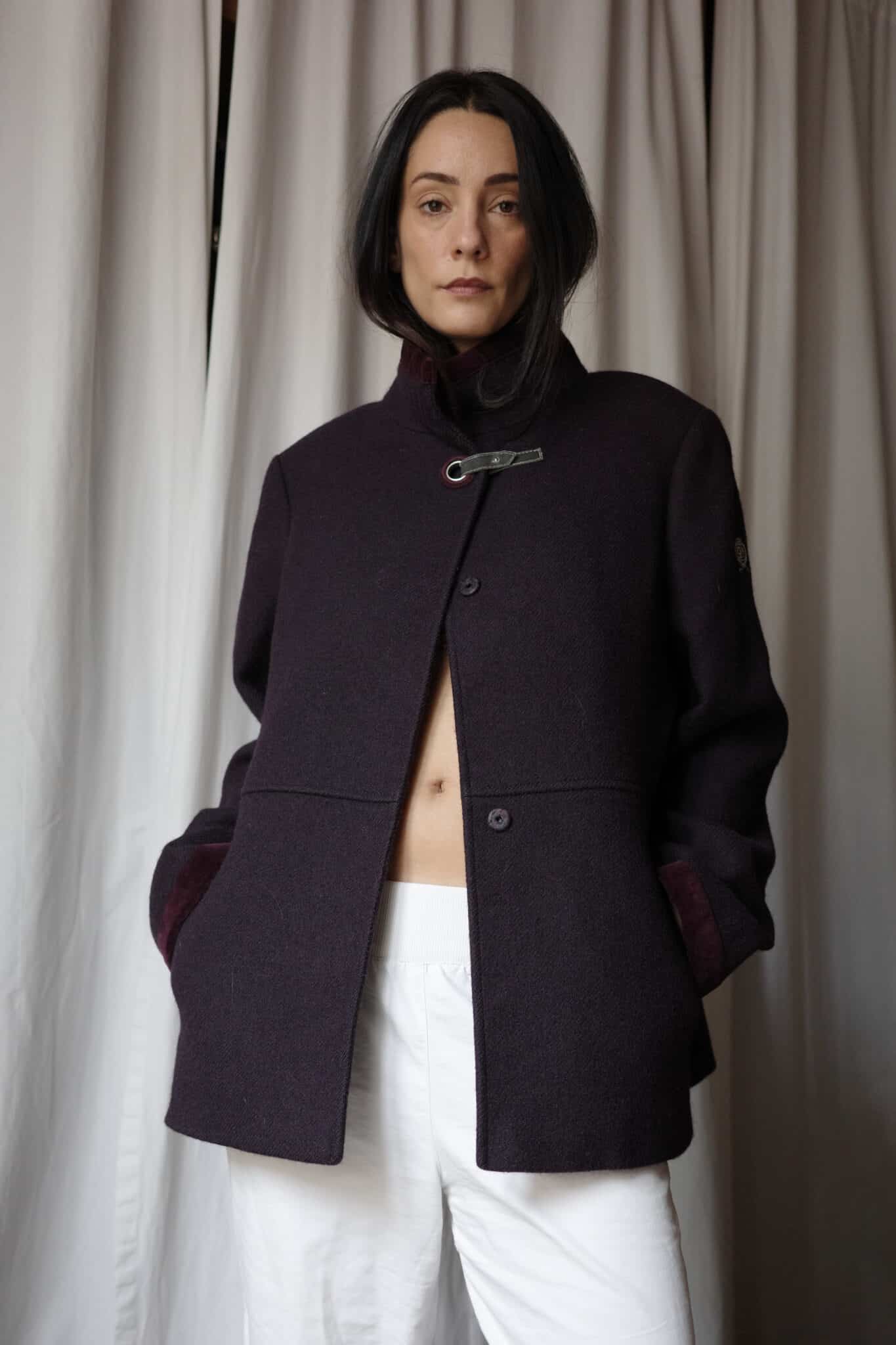 Soft wool blend knit sweater in neutral purple shade