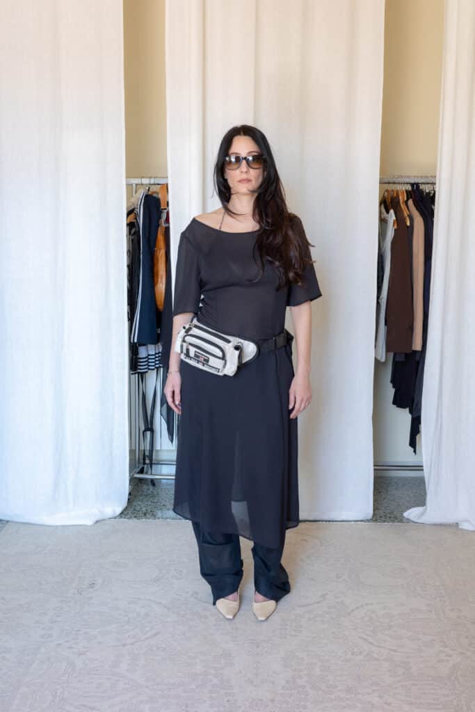 Sheer black midi dress with side slit detailing and relaxed 3/4 sleeves styled with transparent suit pants and vintage Ralph Lauren belt bag