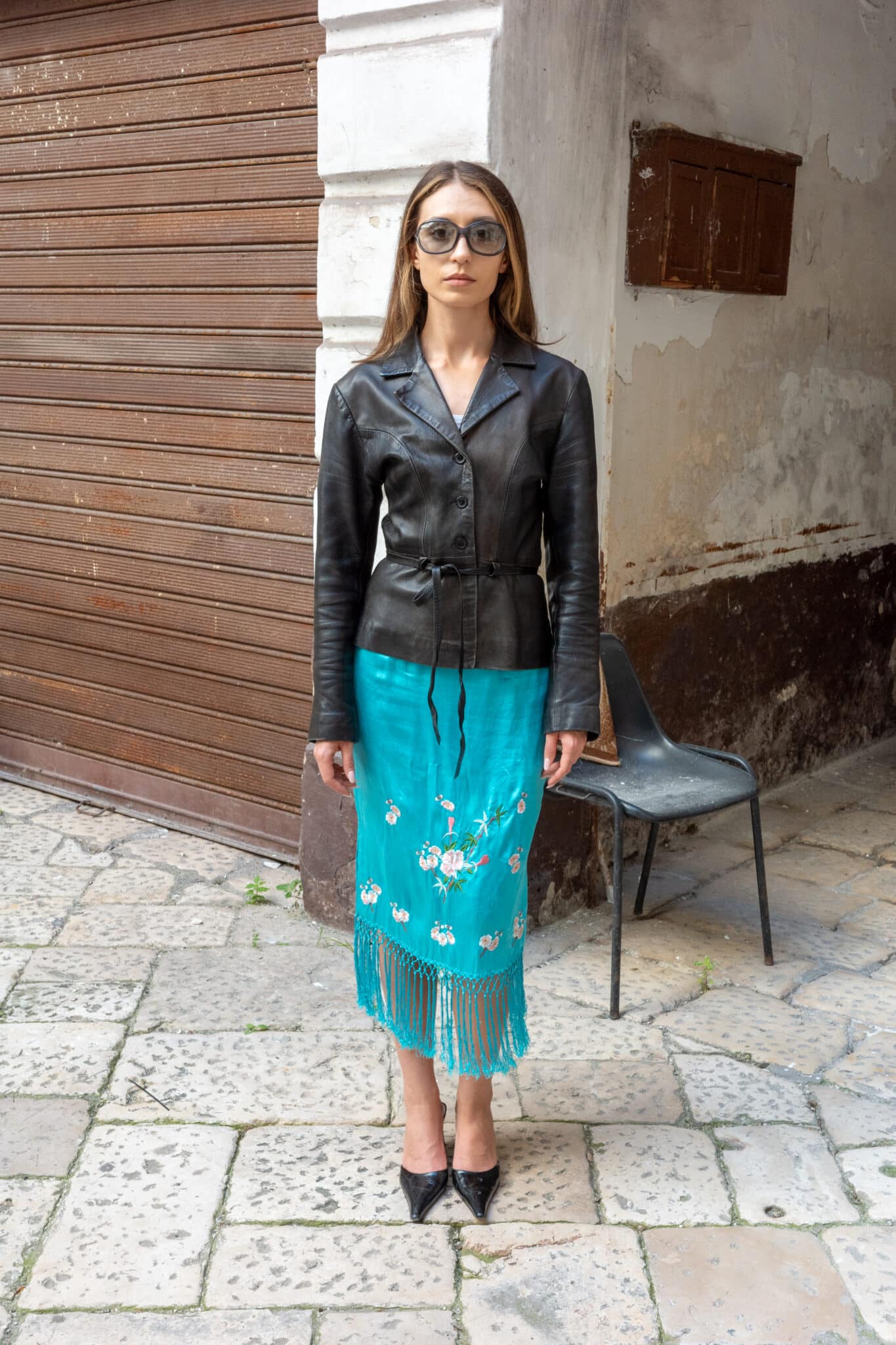 Turquoise silk skirt with side slit and fringe detailing