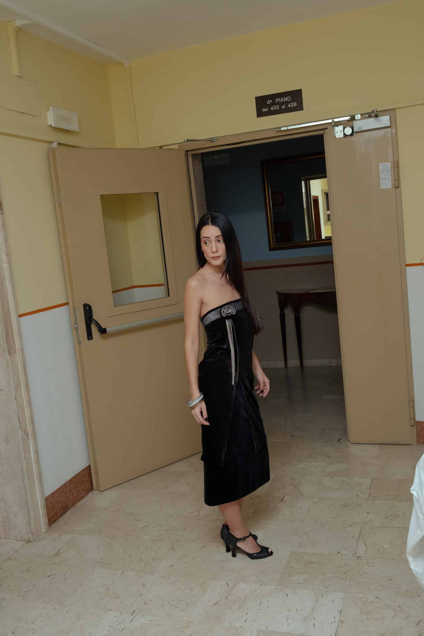 Velvet strapless top and wrap skirt worn as a full outfit