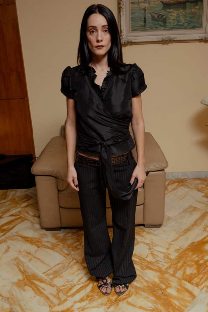 Full outfit with wrap top and wide pinstripe trousers