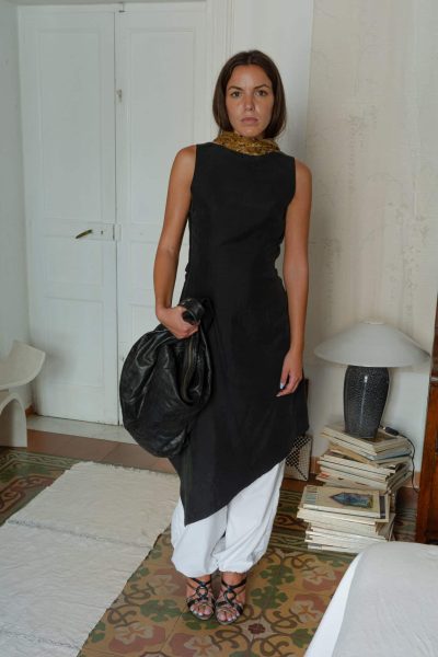 pyoma-snake-scarf-statement-black-dress-wide-leg-trousers