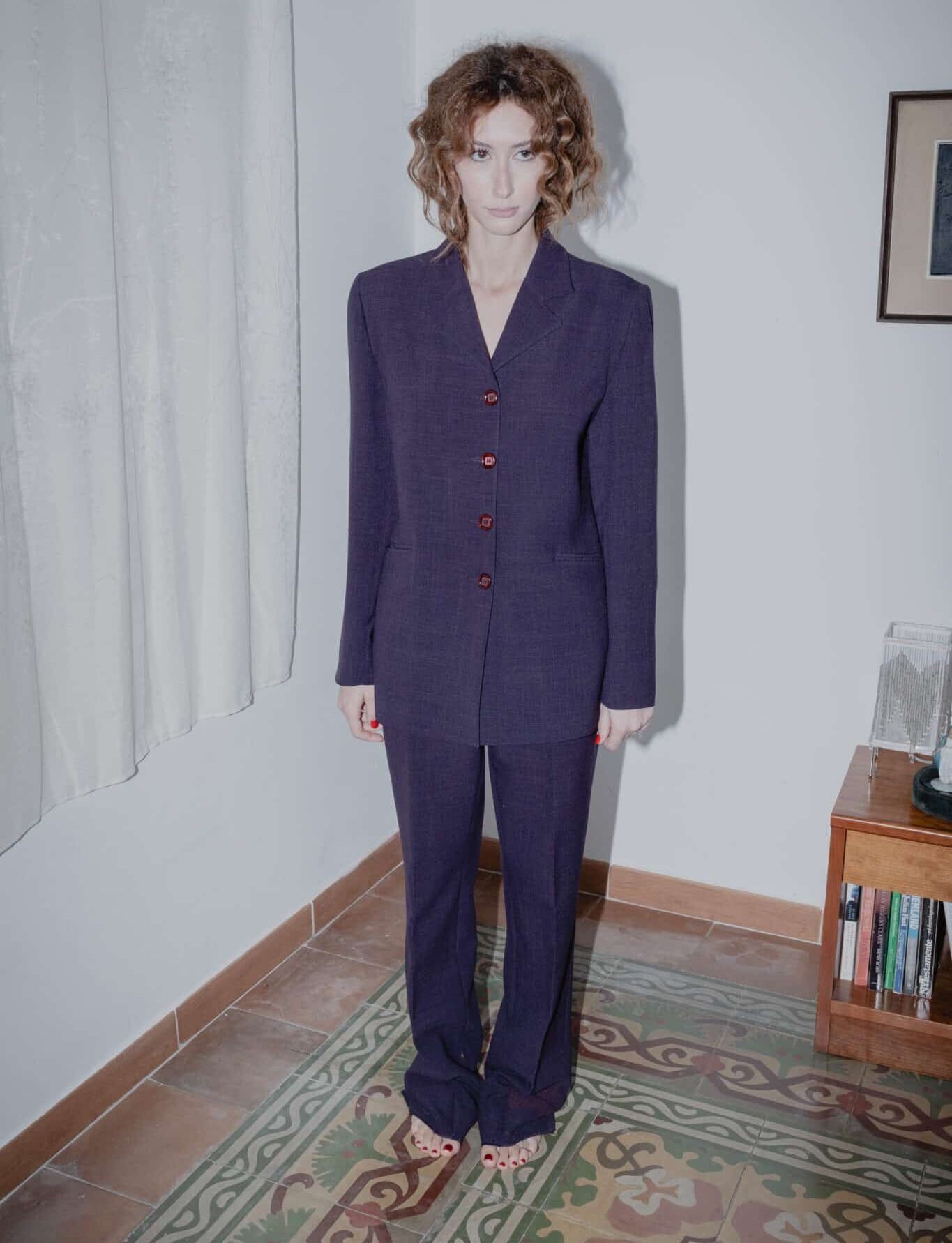 structured purple blazer set featuring clean tailoring and sharp seams