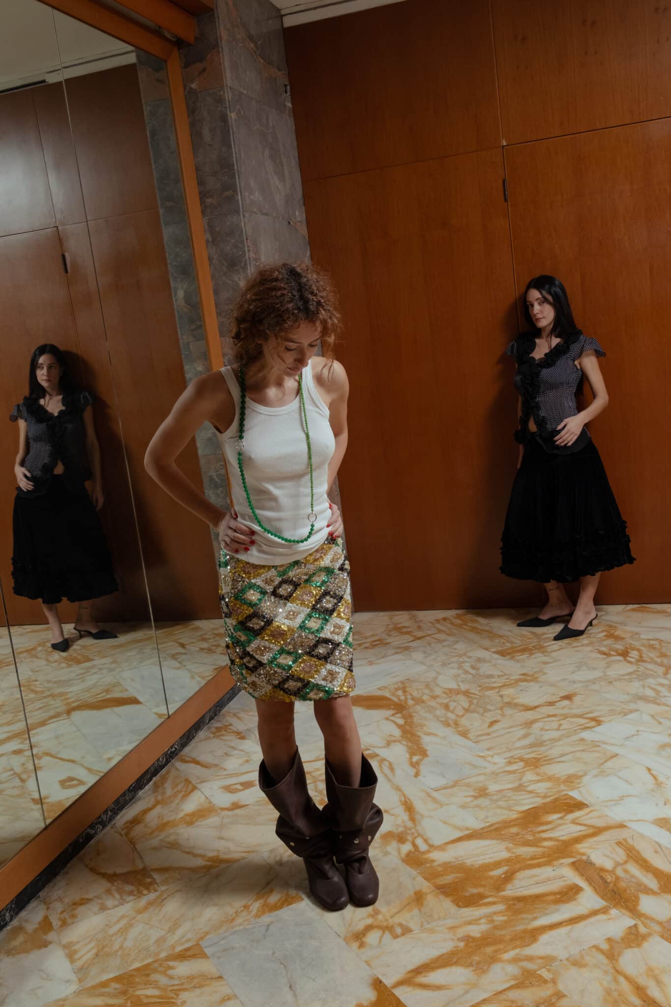 Sequin pencil skirt styled as a full outfit with a white tank top